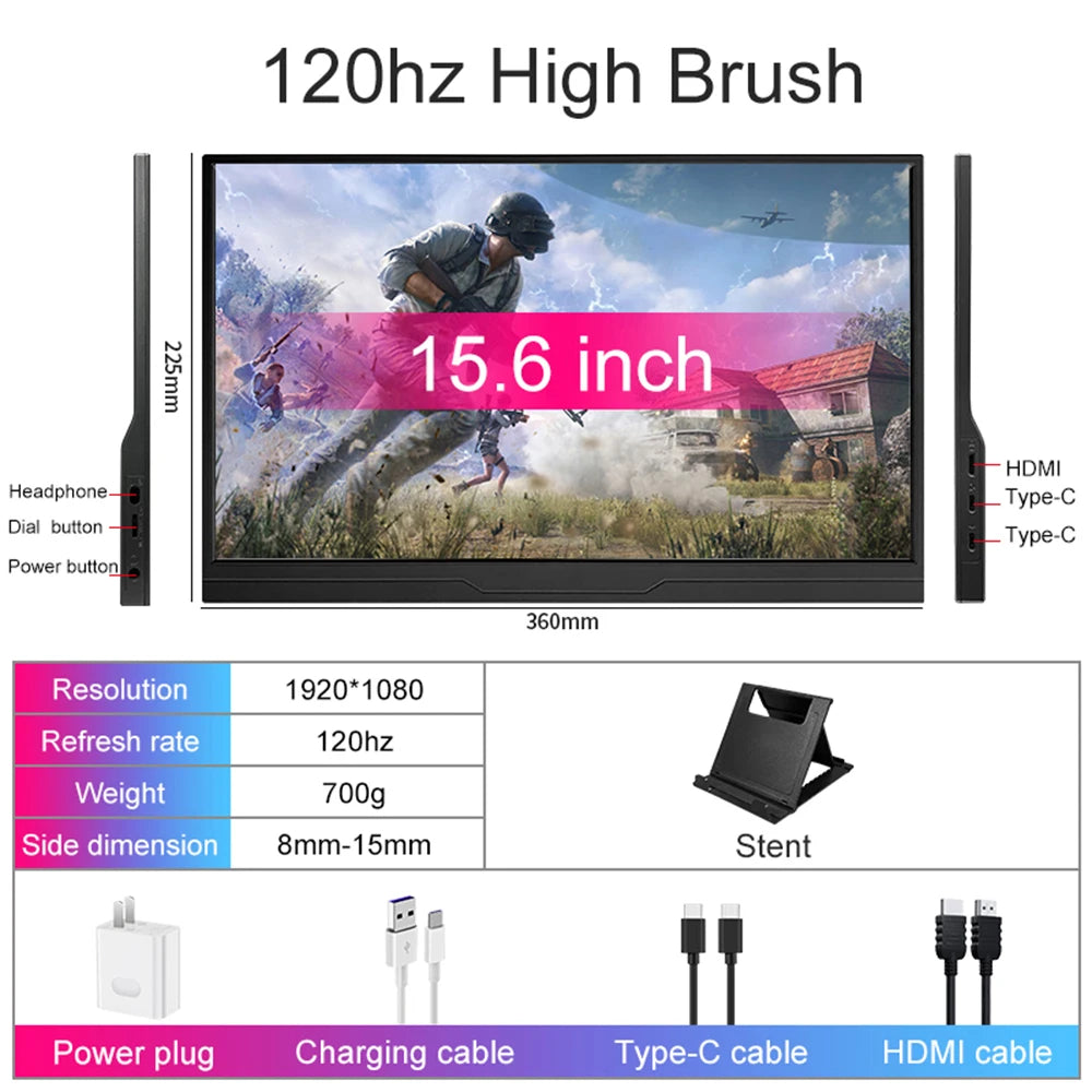 15.6 Inch Portable Monitor 100%Srgb Touch Screen 120HZ for for Laptop Xbox PS4 / 5 Switch TV Box Cell Phone PC Extension Display