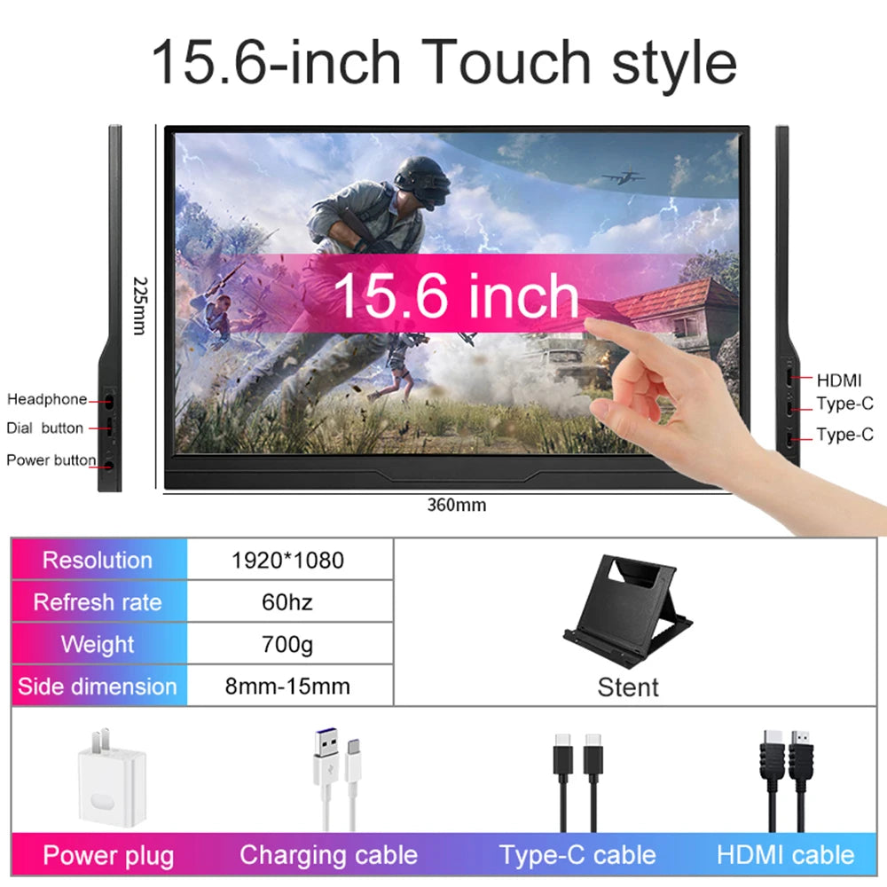 15.6 Inch Portable Monitor 100%Srgb Touch Screen 120HZ for for Laptop Xbox PS4 / 5 Switch TV Box Cell Phone PC Extension Display
