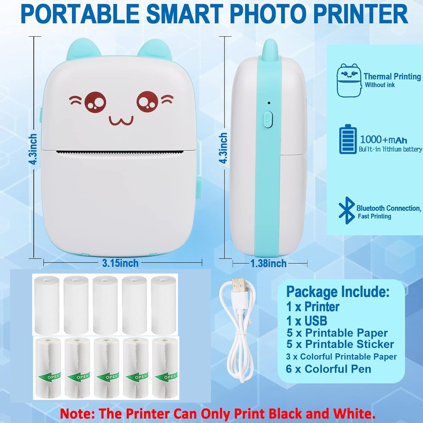 Portable Mini Thermal Printer – Pocket Photo Printer, Wireless Bluetooth Printing