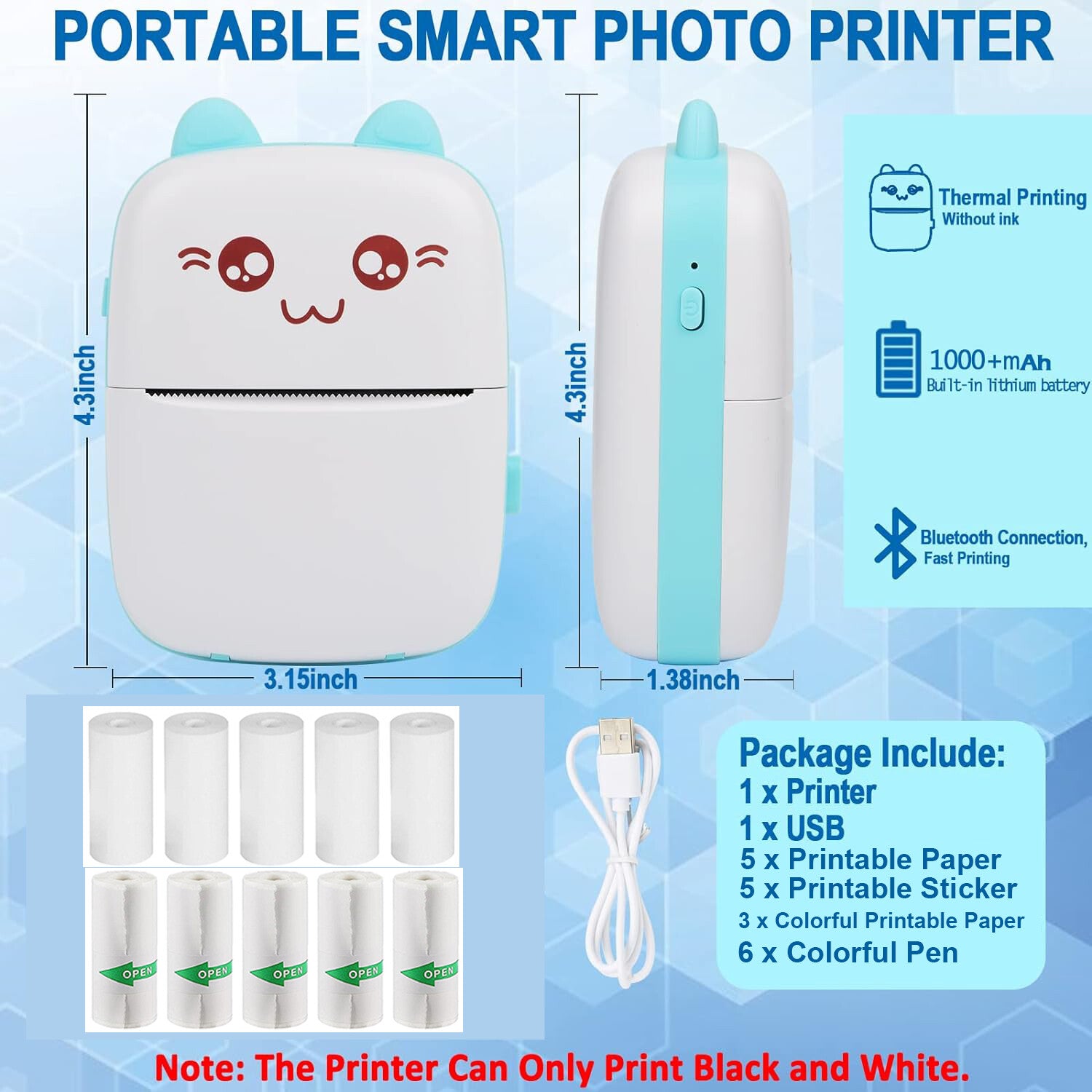 Portable Mini Thermal Printer – Pocket Photo Printer, Wireless Bluetooth Printing