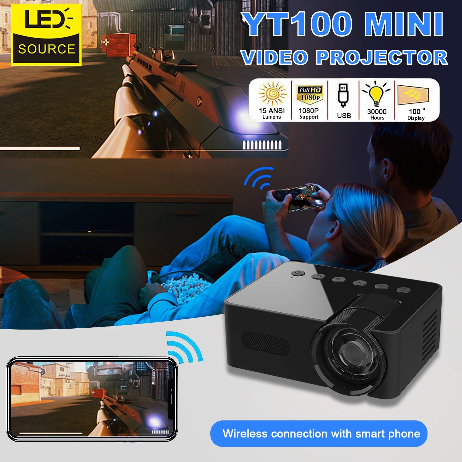 Mini Projector 1080P – Mobile Video, Home Cinema, WiFi Smart Portable Projector – Wireless Same Screen Projector for iPhone & Android